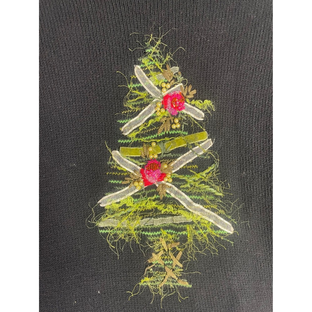 Vintage Talbots Women's Black Christmas L Tree Sweater Lime Trim Holiday Knit - Picture 10 of 10